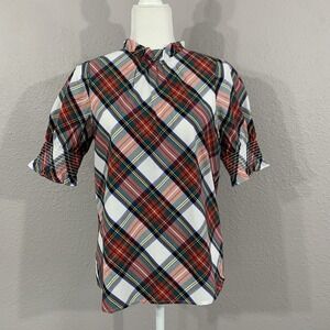 J. Crew Snowy Tartan Poplin Top Womens Size XS Smocked Puff Sleeve Cotton Shirt